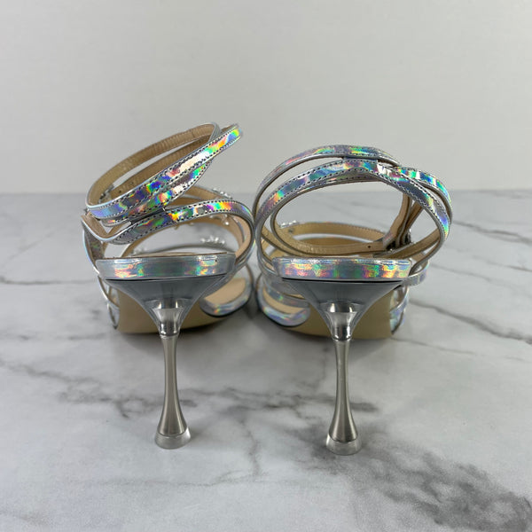 MACH & MACH Silver Iridescent Camille Bow Caged Sandals Size 38.5
