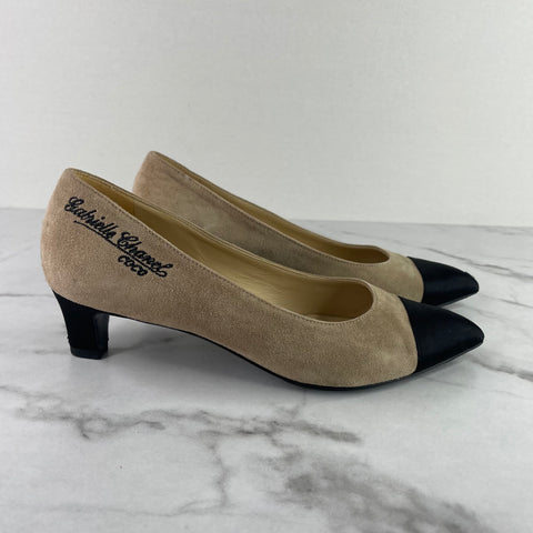 Chanel Beige/Black Gabrielle Coco Suede / Satin Cap Toe Pumps Size 35.5