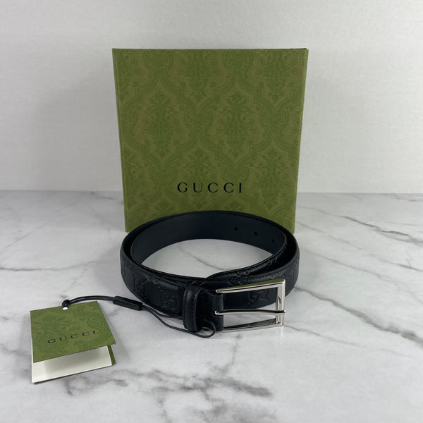 Gucci Men's Black Leather Signature Belt with GG Detail Size 85/34