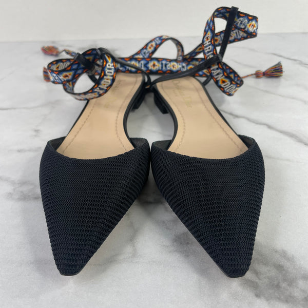 Dior Black Fabric J'adior Pointed Toe Ankle Wrap Flats Size 36
