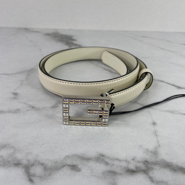 GUCCI White Calfskin Crystal Square G Madelyn Belt Size 80/32