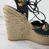 Saint Laurent Black Floral Espadrille Wedge Sandals Size 38.5