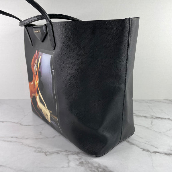 GIVENCHY Black Textured Coated Canvas Large Bambi Print Antigona Tote