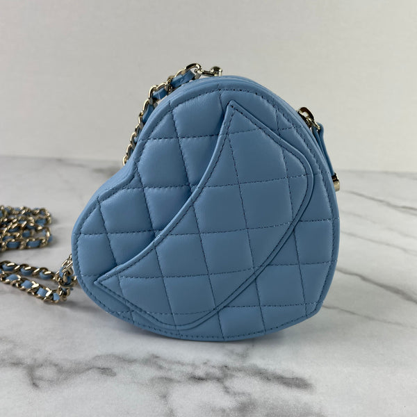 CHANEL Blue Lambskin Quilted CC In Love Heart Clutch With Chain Crossbody Bag